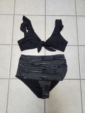 COCOSHIP Black & White Tie-Front Bikini with Striped High-Waist Bottom